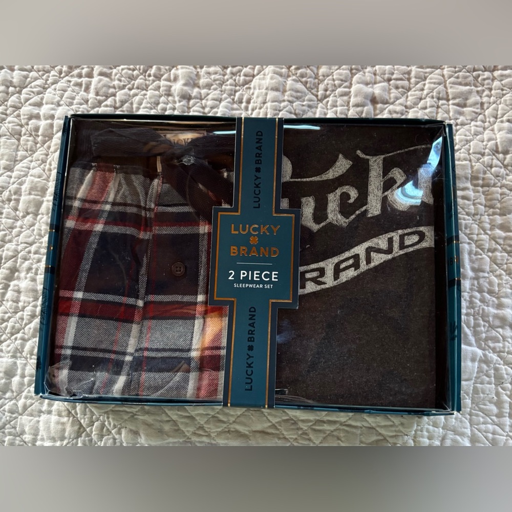 Lucky Brand Men's 2-Pc Soft Jersey & Plaid Flannel Pant PJ Set MEDIUM Gray/Blue